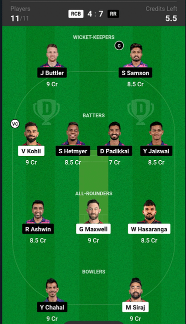 RCB vs RR Small League Dream11 Prediction