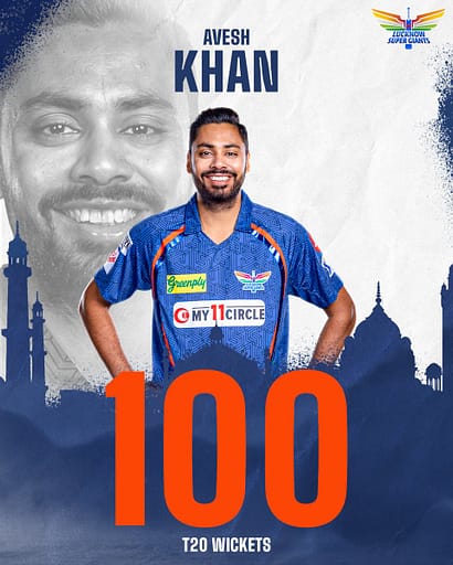 Avesh Khan completing 100 wickets' milestone | Image Credti - @LucknowIPL