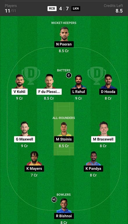 RCB vs LSG Grand League Dream11 Prediction